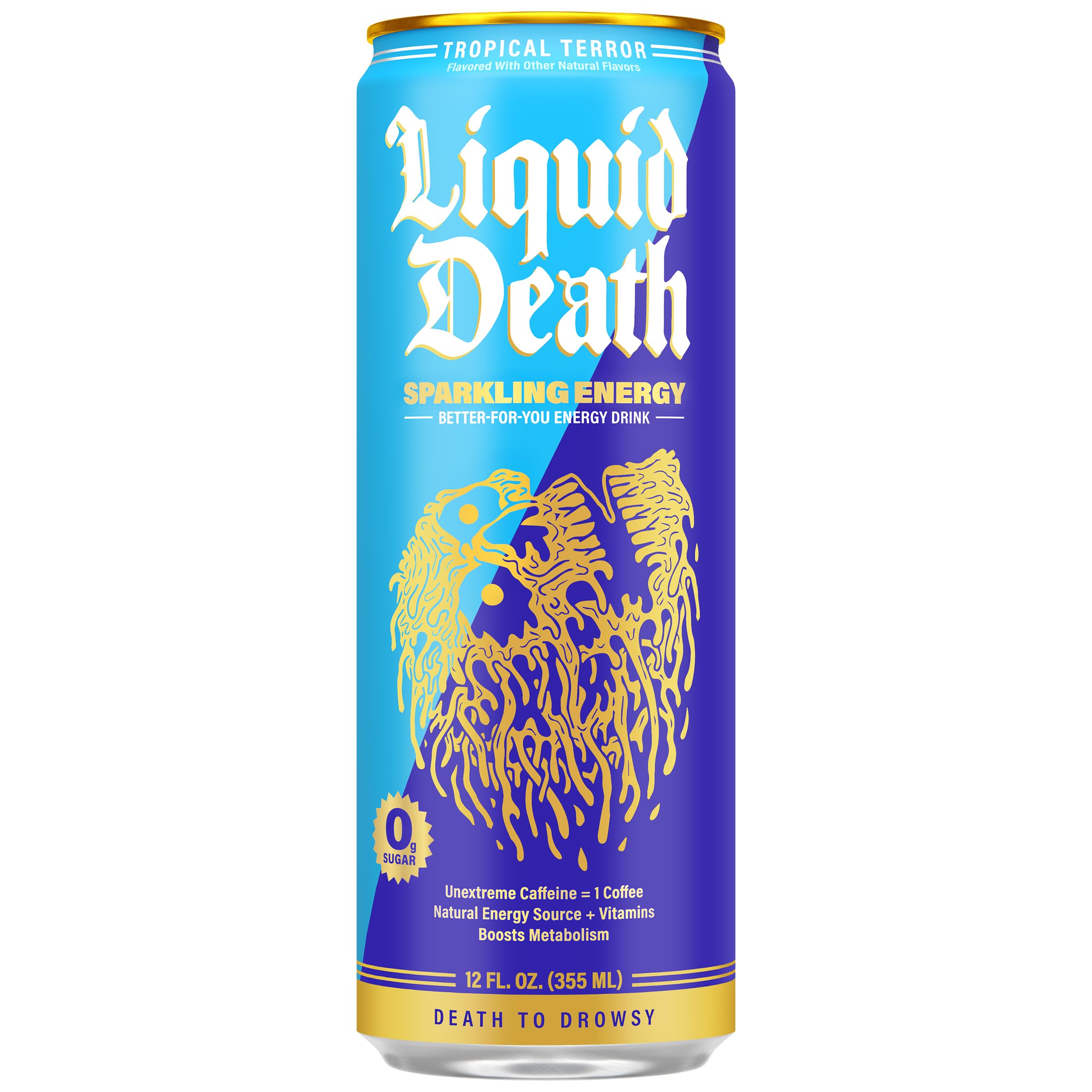 Liquid Death Sparkling Energy Tropical Terror label highlights pineapple coconut flavor