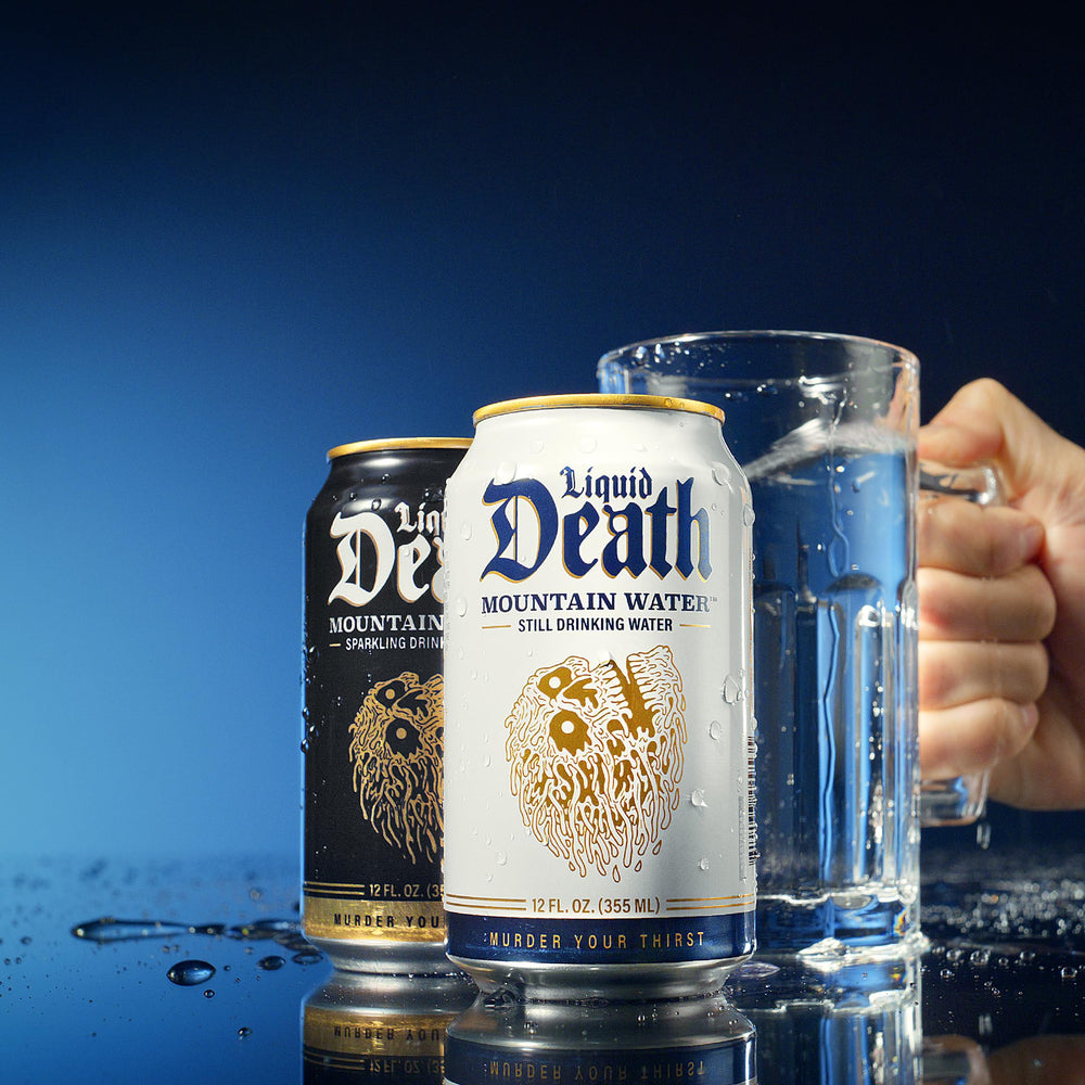 Liquid Death Sparkling Mountain Water cans stacked for easy storage and sharing