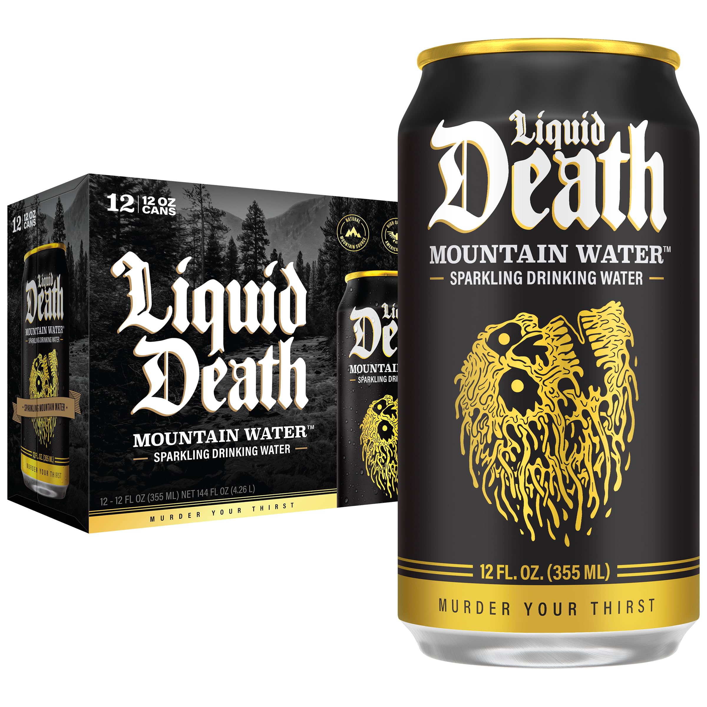 Liquid Death Sparkling Mountain Water can front view for outdoor hydration