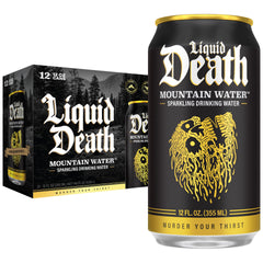 Liquid Death Sparkling Mountain Water can front view for outdoor hydration