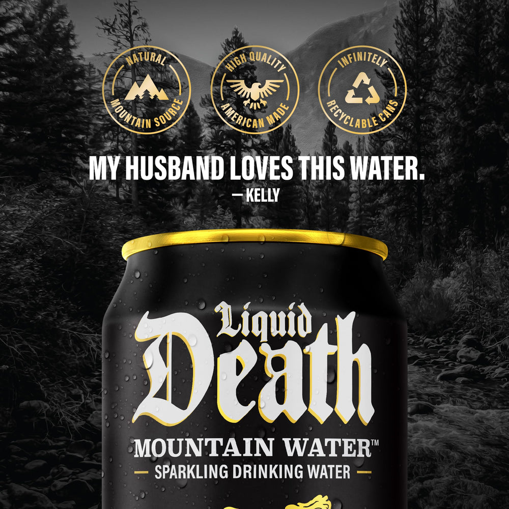 Liquid Death Sparkling Mountain Water mountain scenery can highlight natural source