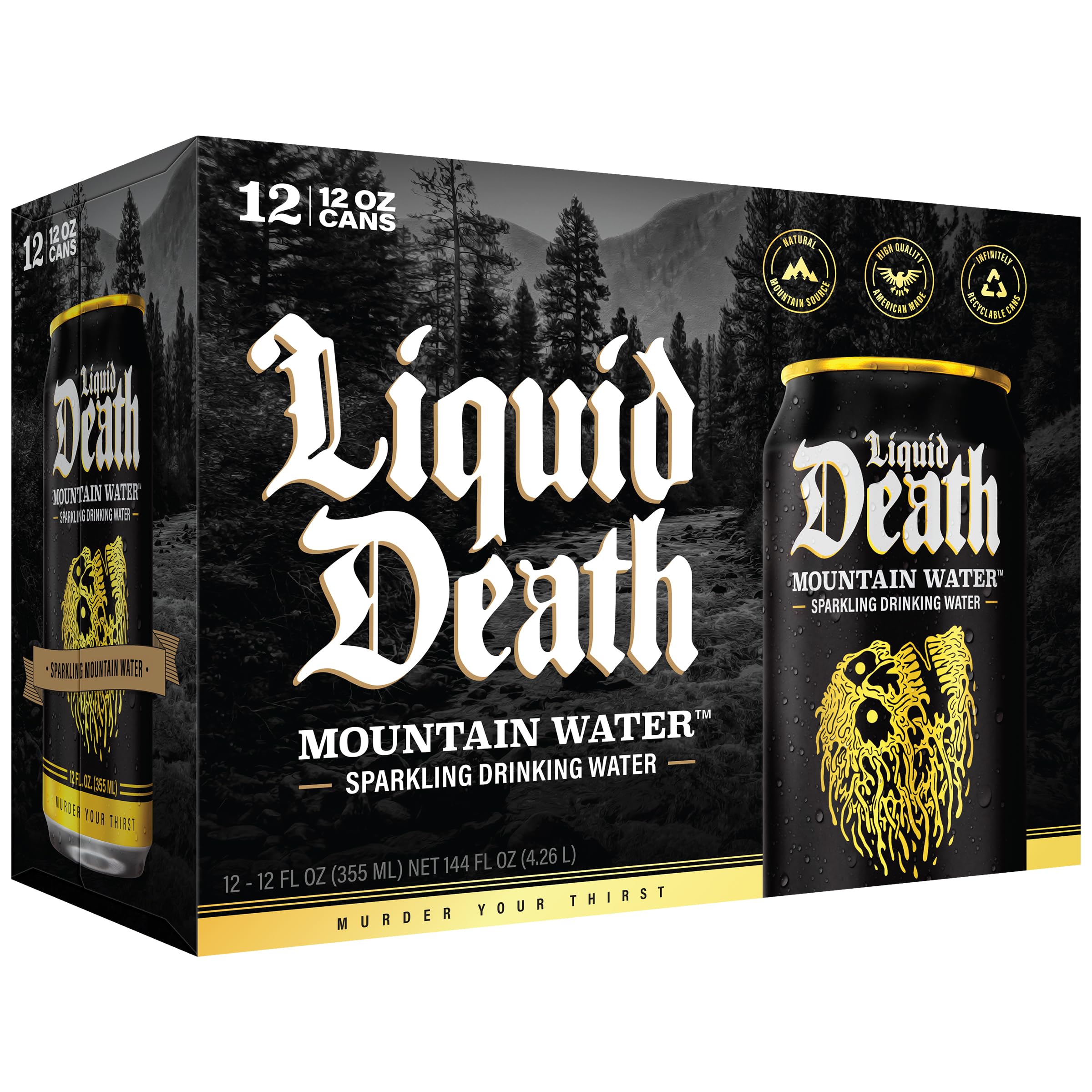 Liquid Death Sparkling Mountain Water pour action captures crisp carbonation