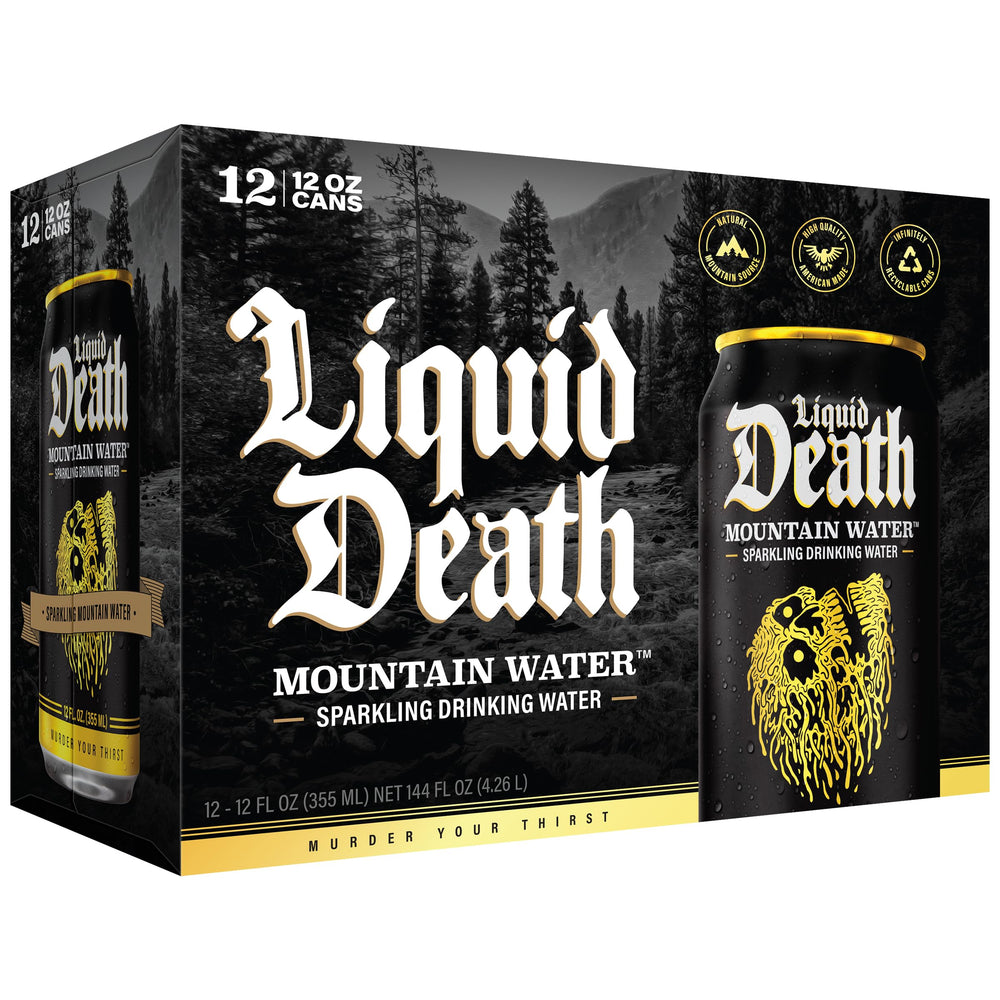 Liquid Death Sparkling Mountain Water pour action captures crisp carbonation