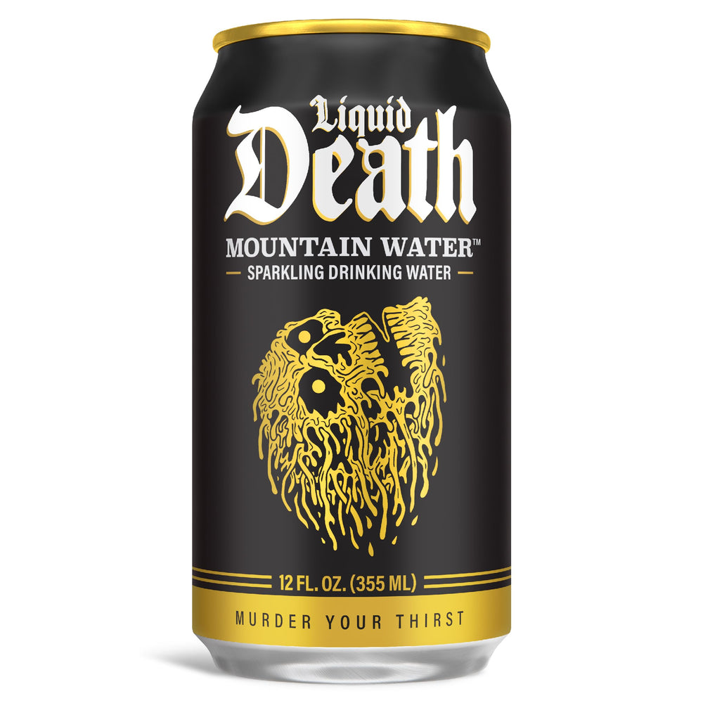 Liquid Death Sparkling Mountain Water side view for gym and desk hydration