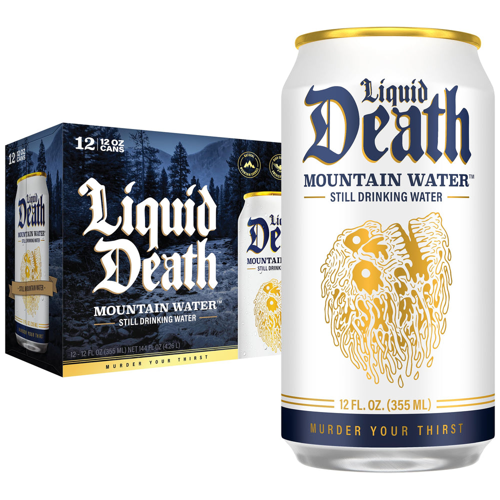 Liquid Death Still Mountain Water can closeup from real mountains for hydration.