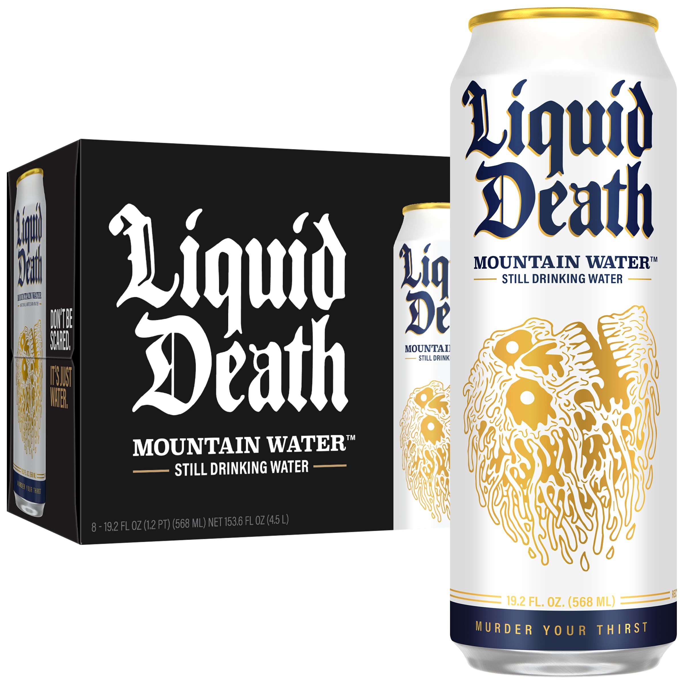 Liquid Death front can view showing branding and refreshing look benefits portability
