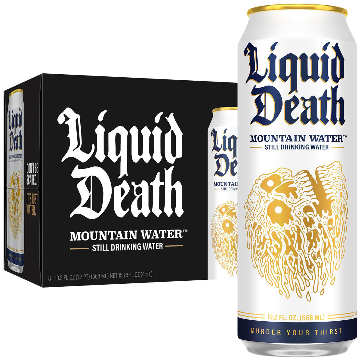 Liquid Death front can view showing branding and refreshing look benefits portability