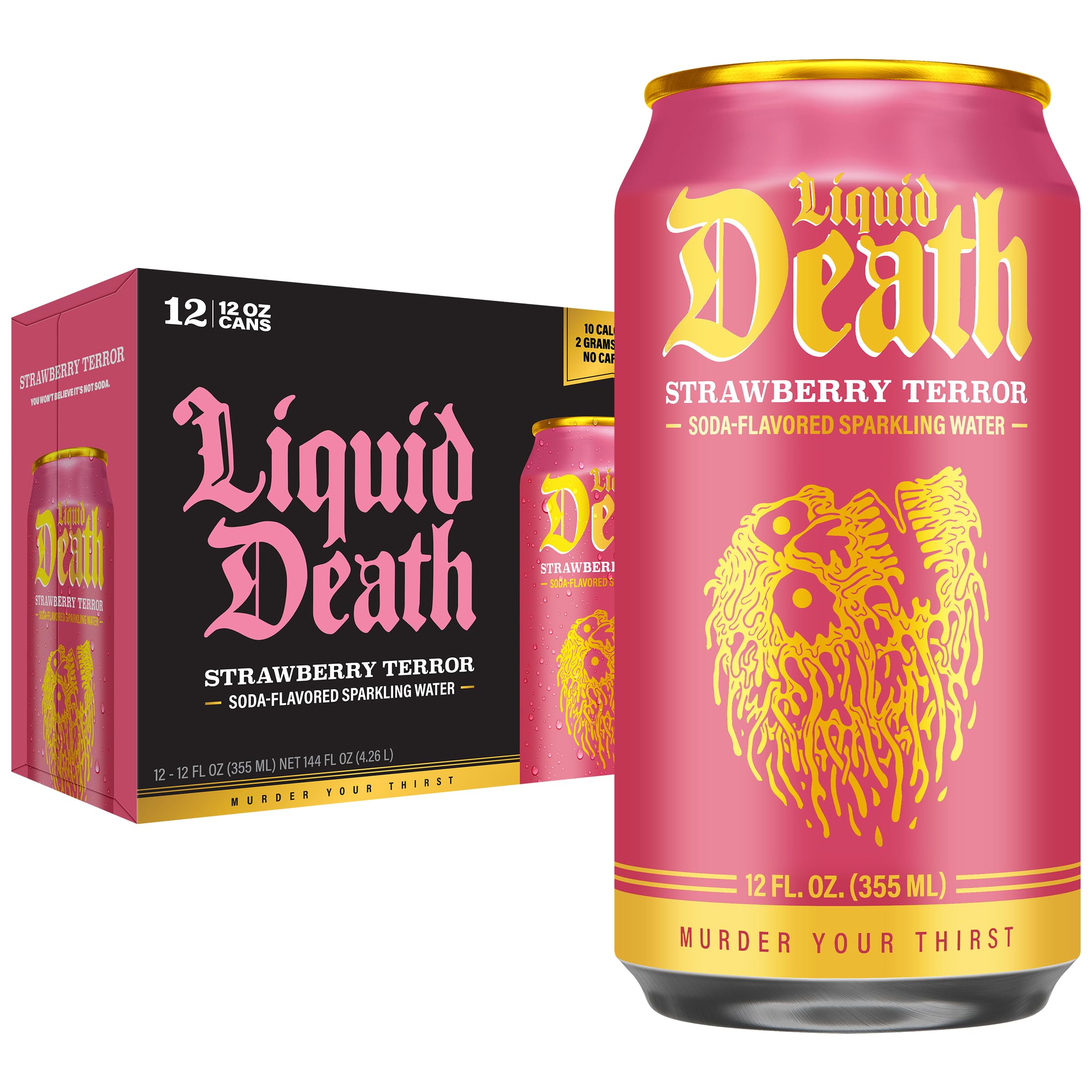 Liquid Death Strawberry Terror can front view, bold label signaling big flavor with low sugar.