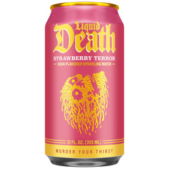 Liquid Death Strawberry Terror can side angle, sleek design for on-the-go refreshment.