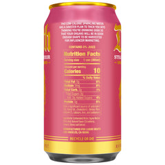 Liquid Death Strawberry Terror label close-up, hints of lemon under ripe strawberry notes.