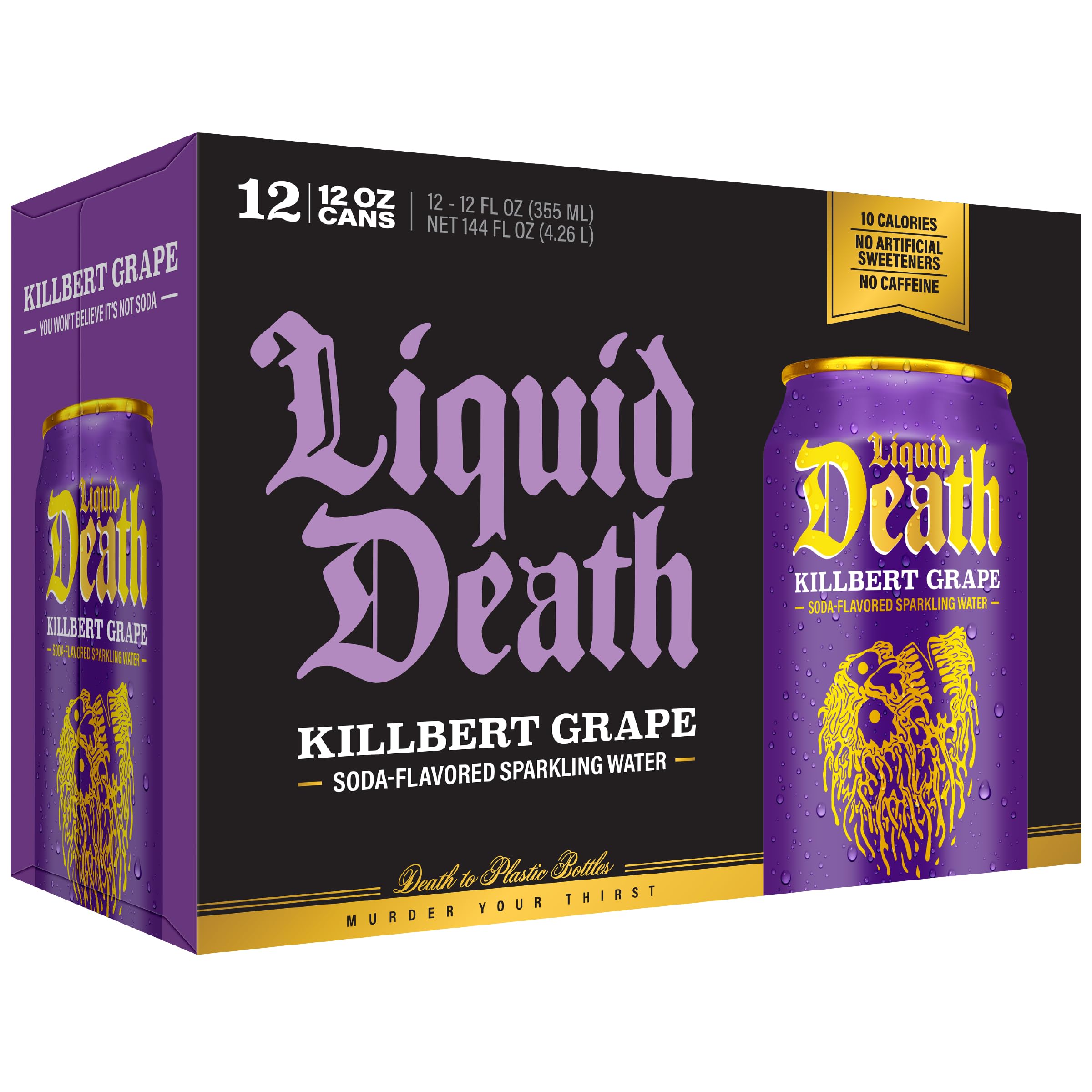 Liquid Death pack of 12 lined up demonstrating bulk convenience and recyclable aluminum benefit