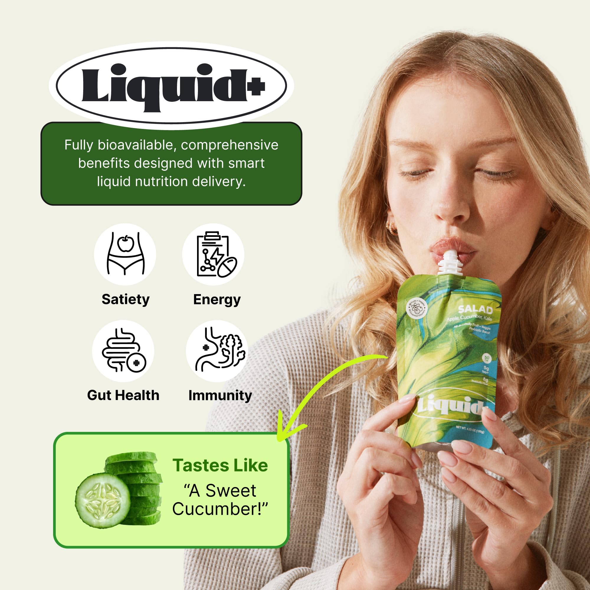 Liquid Plus Liquid Salad 13 veggies and fruits list on packaging.