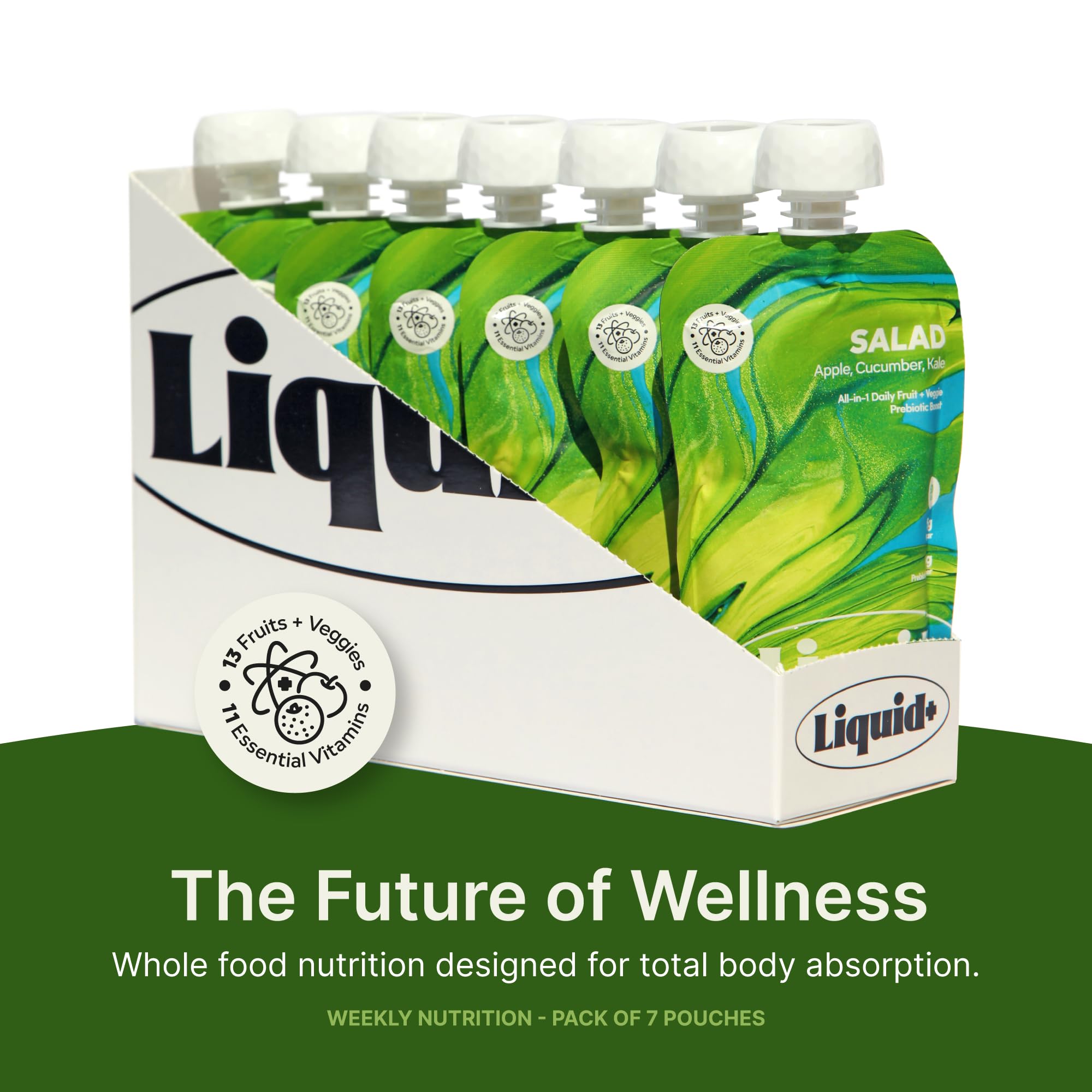 Liquid Plus Liquid Salad pouch beside glass for testing texture