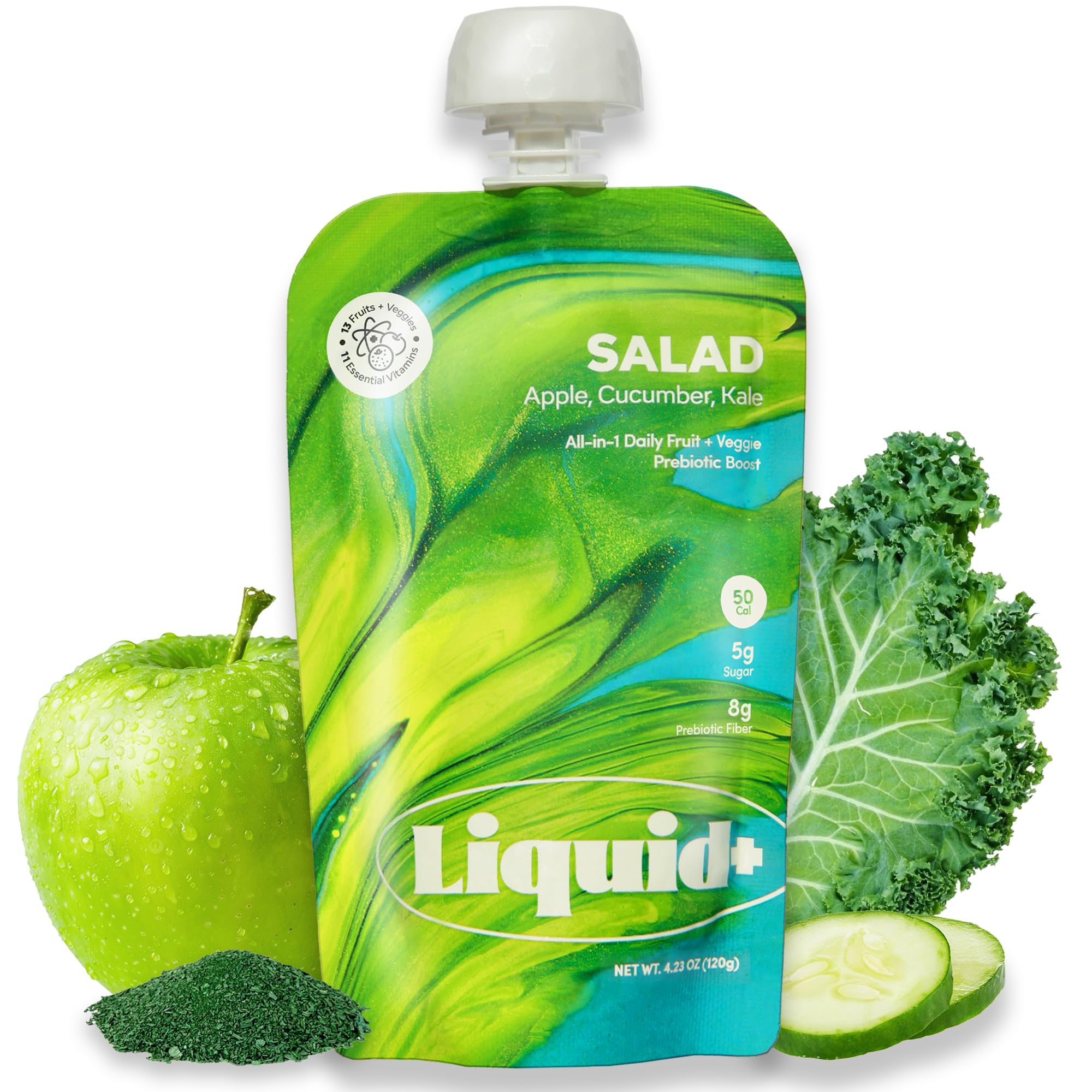 Liquid Plus Liquid Salad pouch with apple and greens, rich in prebiotic fiber
