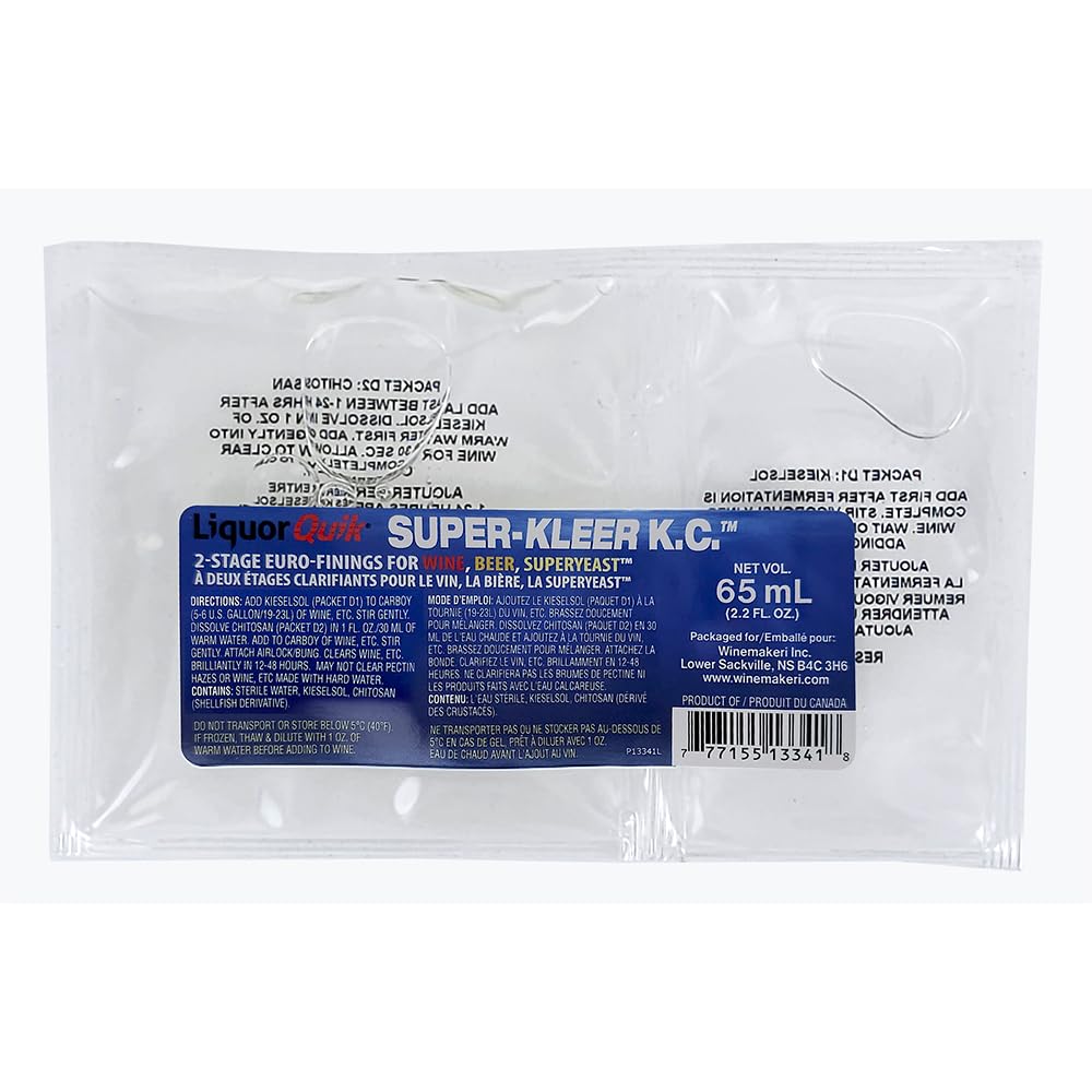 Liquor Quik KC Finings showing kieselsol and chitosan ingredients.