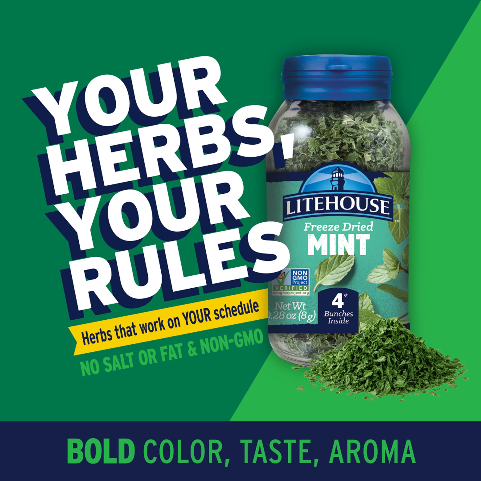 Litehouse Freeze Dried Mint, dispense-and-pour shot showing ease of use.