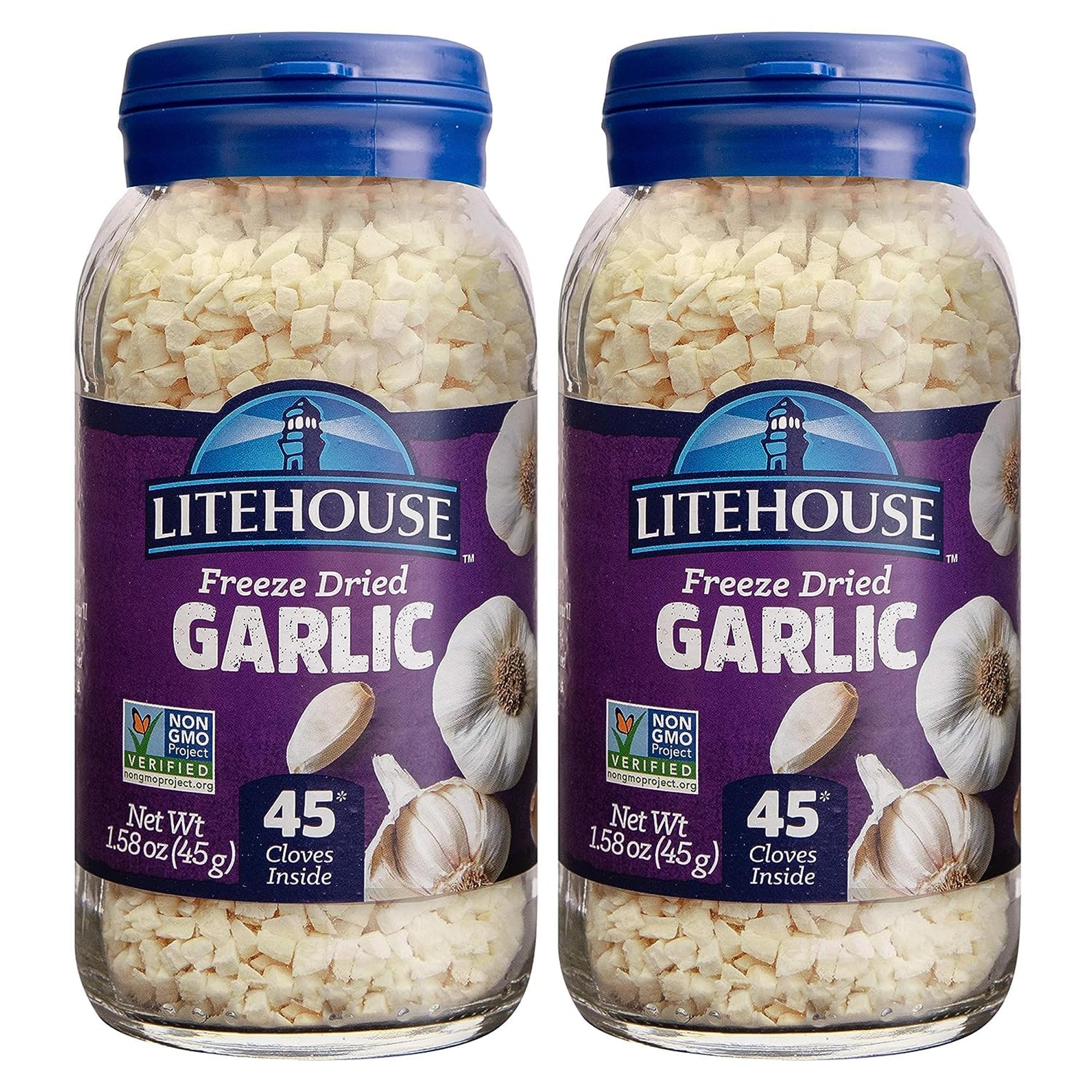 Litehouse Freeze Dried Garlic jar with 45 cloves for pantry convenience.