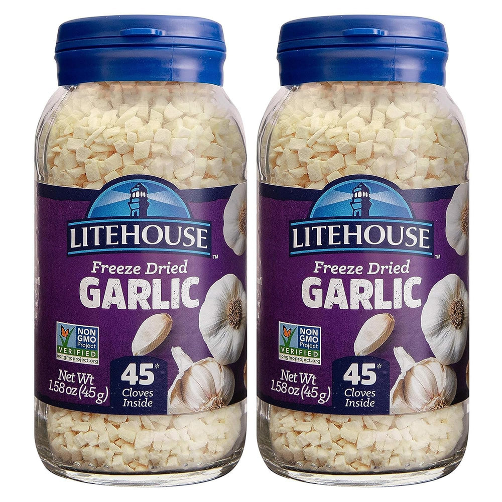Litehouse Freeze Dried Garlic jar with 45 cloves for pantry convenience.