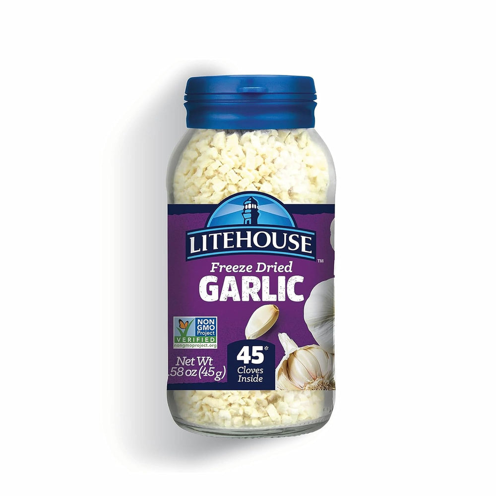 Litehouse Freeze Dried Garlic jar showing 45-clove equivalent for quick flavor.
