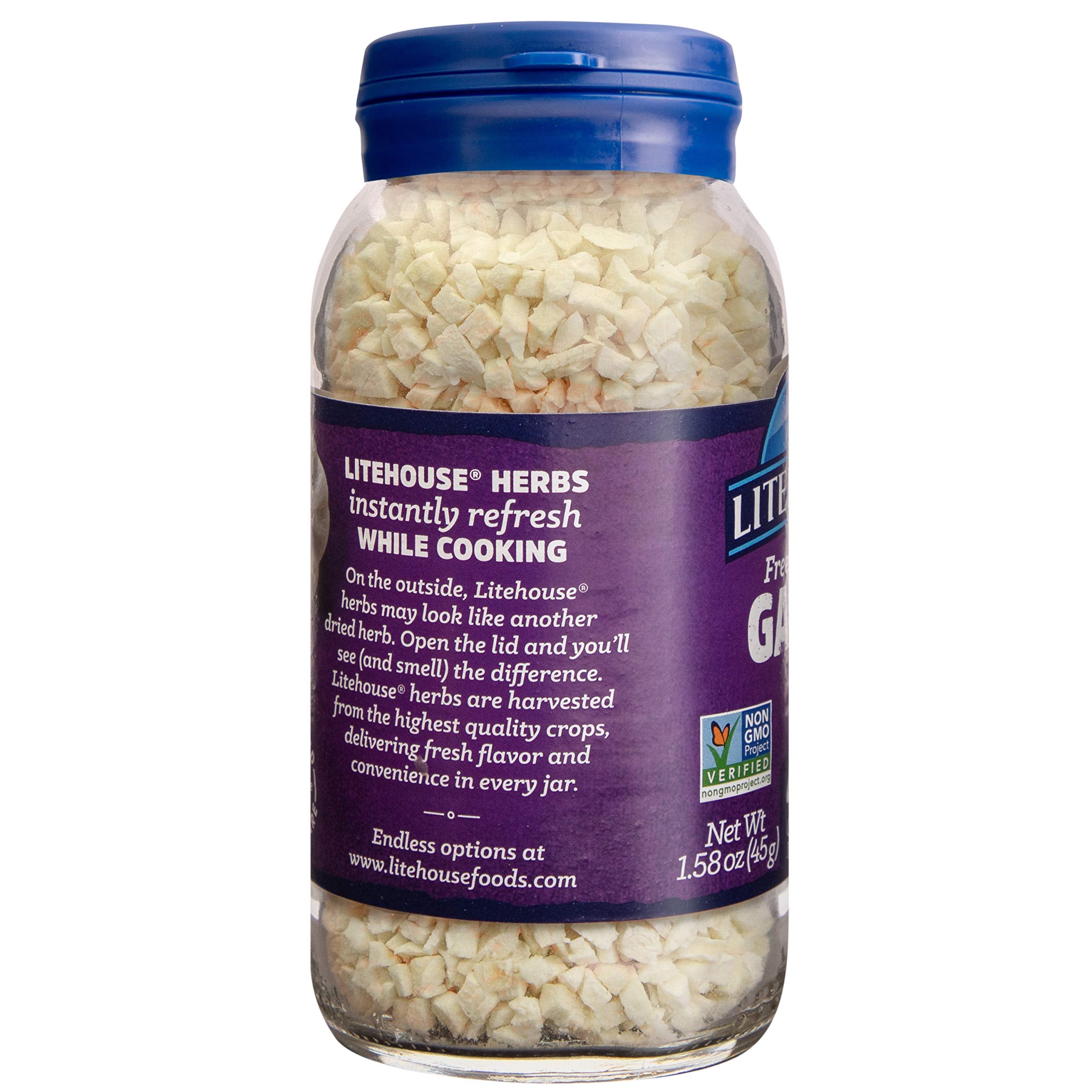 Litehouse Freeze Dried Garlic label highlights non-GMO and gluten-free features.