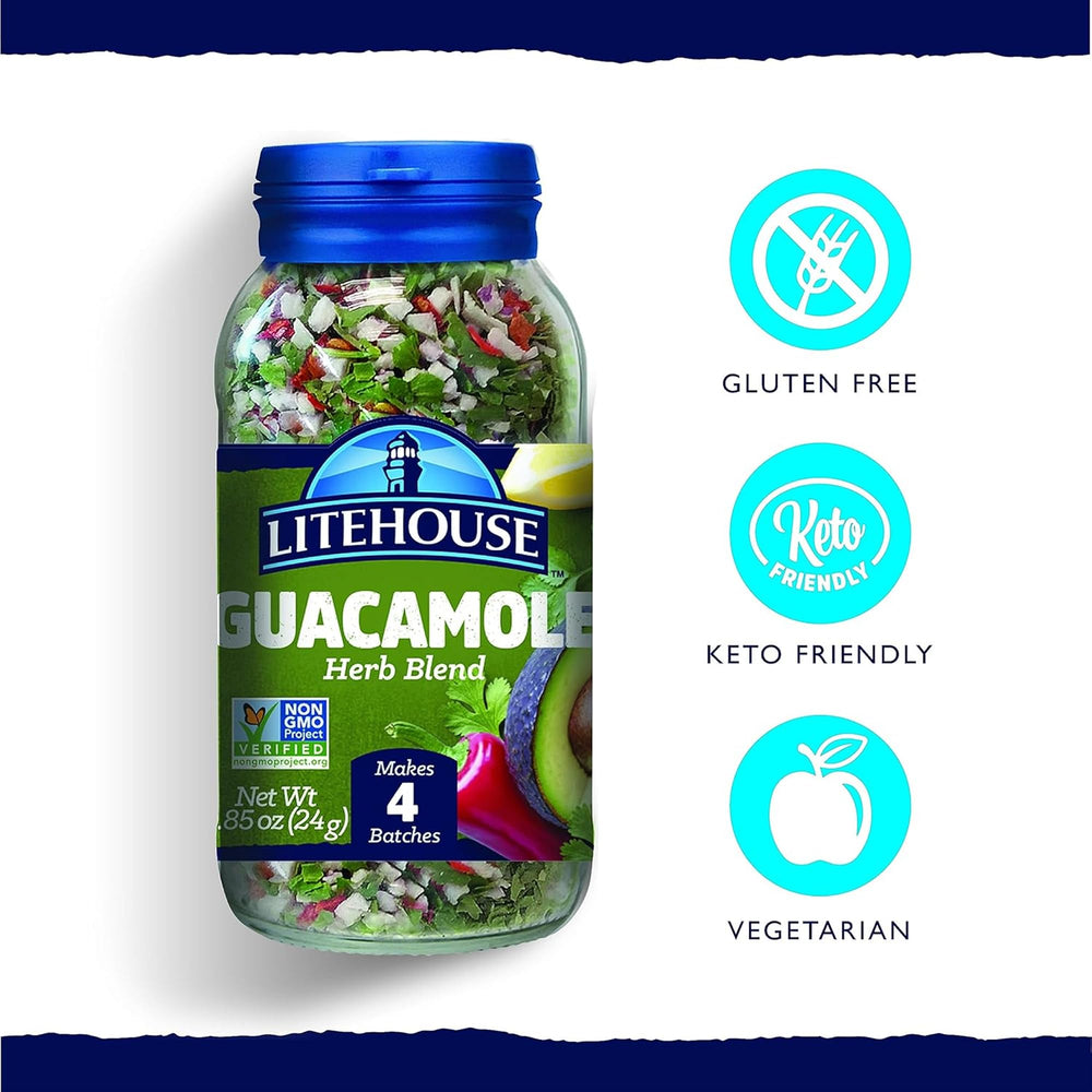 Close-up of Litehouse guacamole herb blend label showing ingredients and branding.