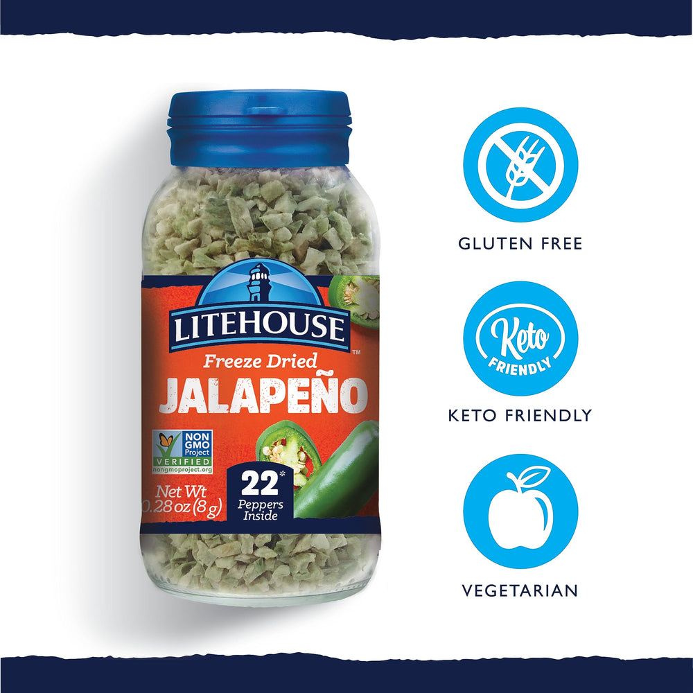 Litehouse Freeze Dried Jalapeno Peppers jar closeup shows bold color and long shelf life.