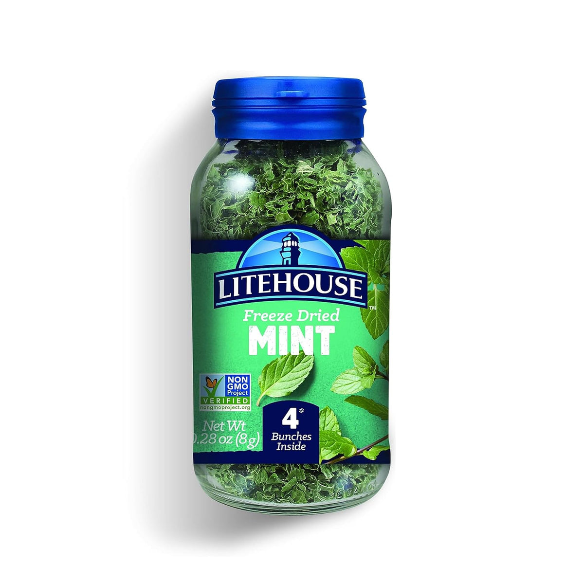 Litehouse Freeze Dried Mint bottle showcasing vibrant green flakes, ideal for quick seasoning.