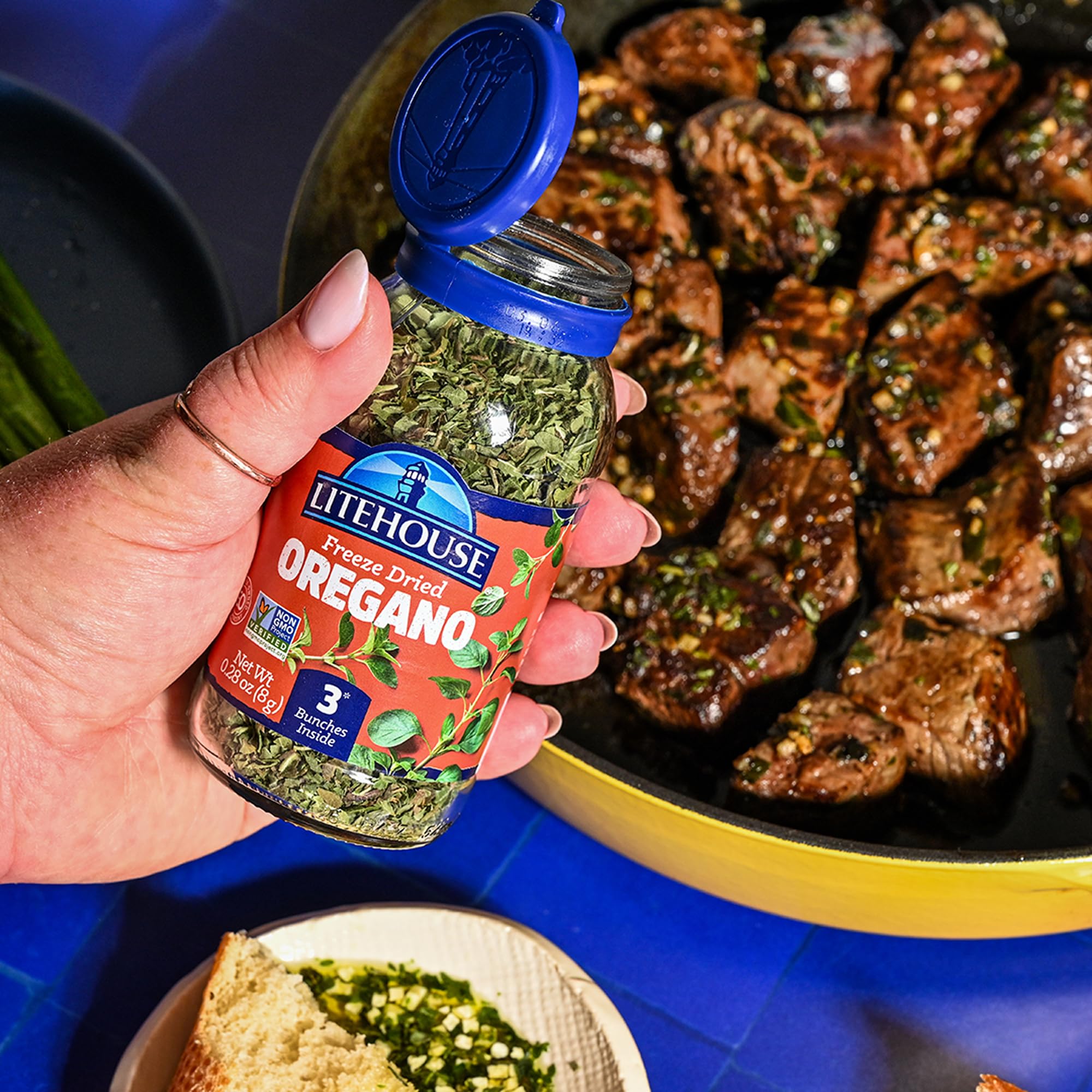 Litehouse Freeze Dried Oregano jar on spice rack signals gluten-free option.