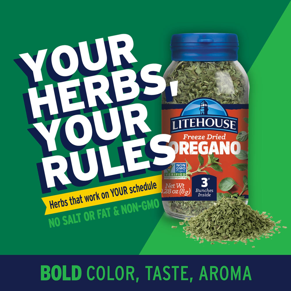 Litehouse oregano sprinkle on pizza adds aromatic flavor.