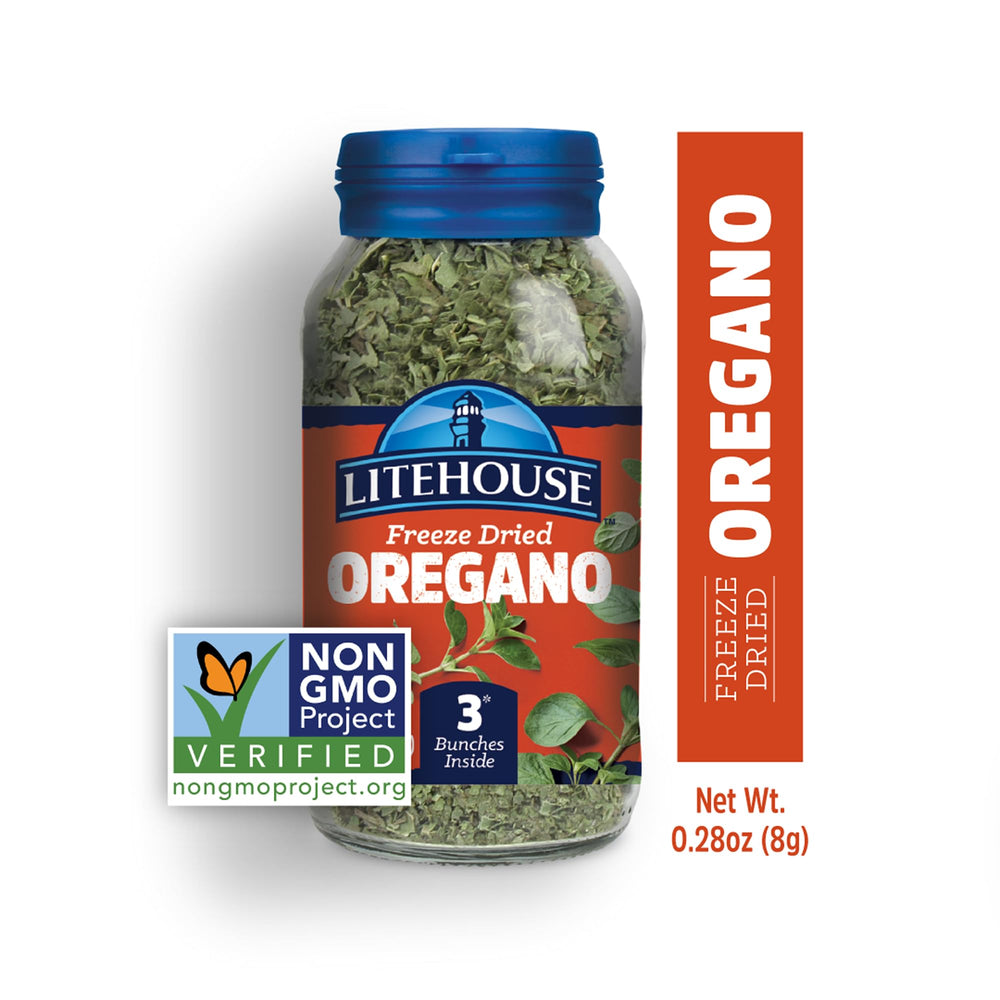 Litehouse oregano packaging on shelf highlights non-GMO status.