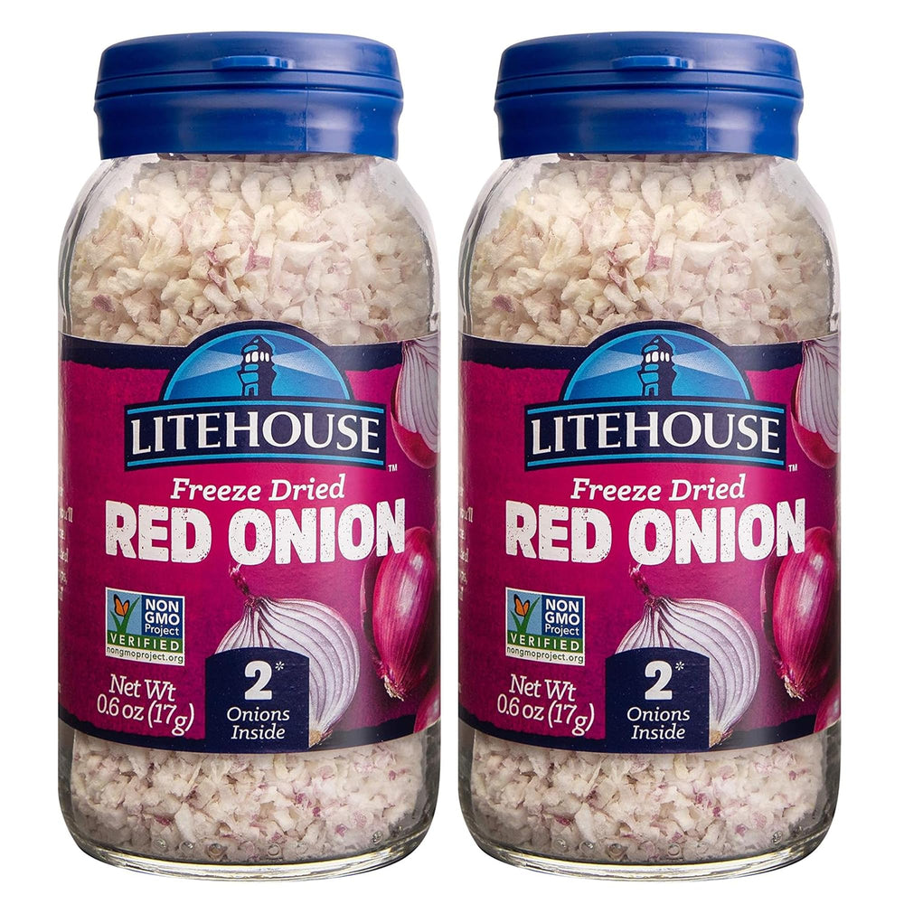 Litehouse Freeze Dried Red Onion packaging close-up, shelf-stable and ready for quick flavor.