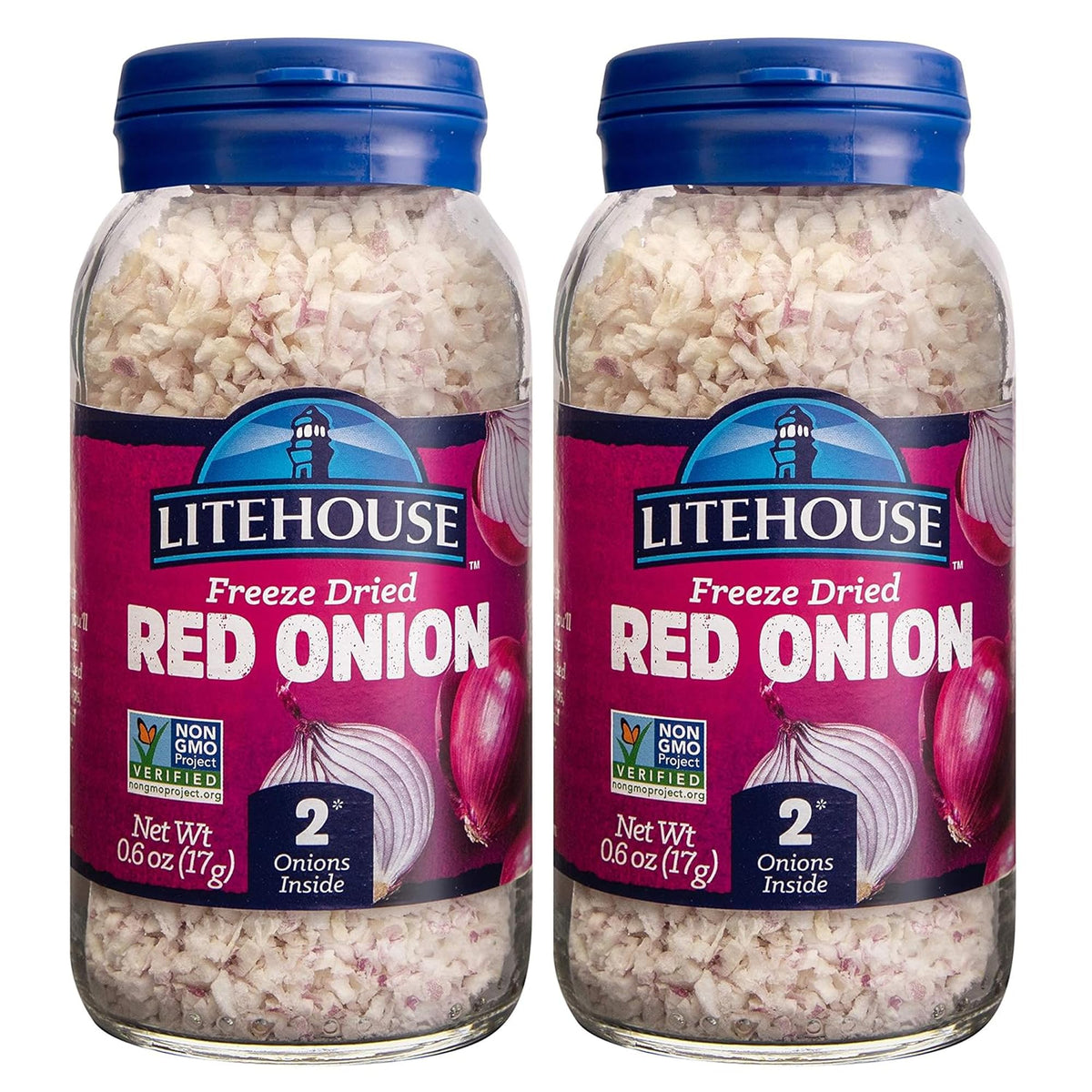 Litehouse Freeze Dried Red Onion packaging close-up, shelf-stable and ready for quick flavor.