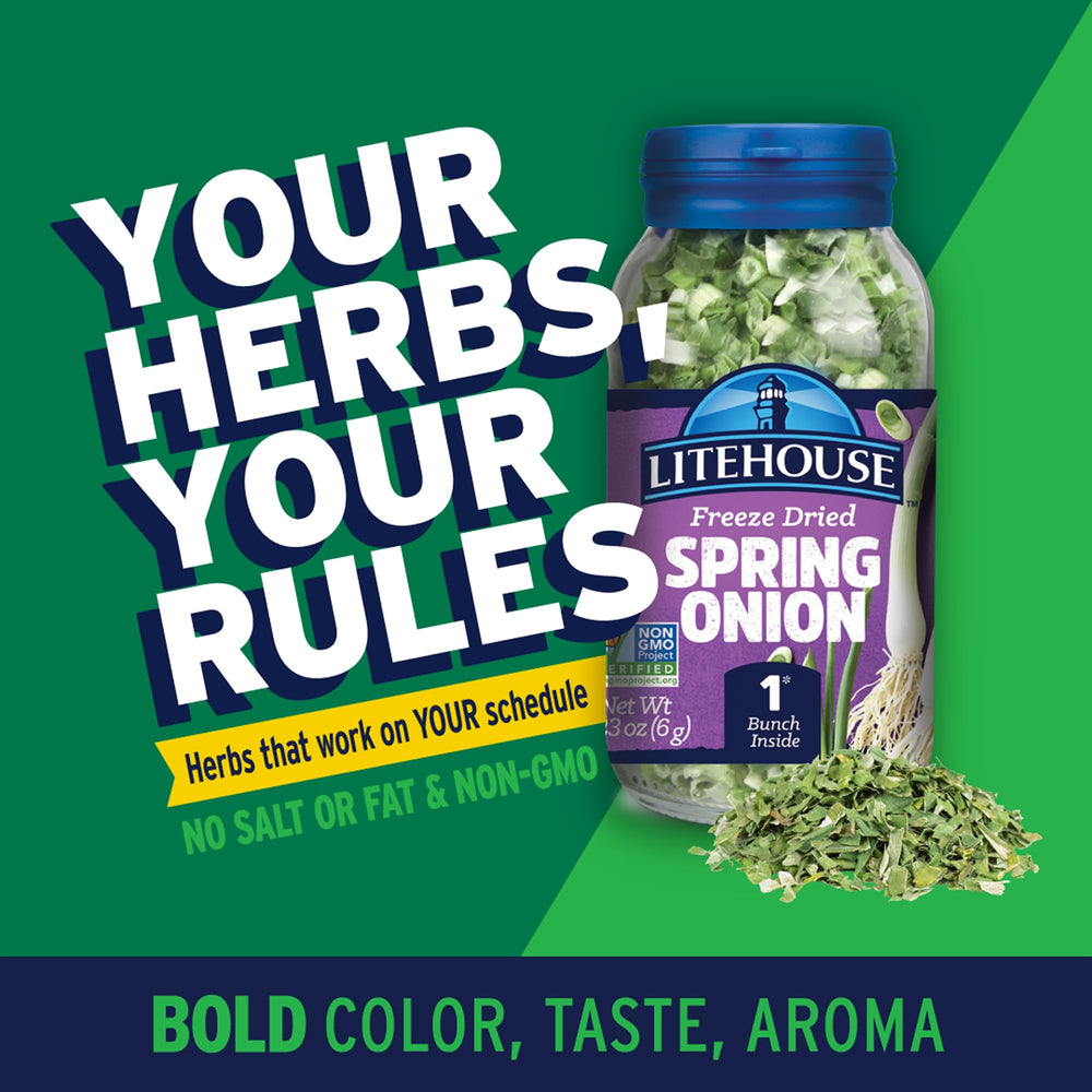 Litehouse Freeze Dried Spring Onion label close view highlighting gluten-free and non GMO.