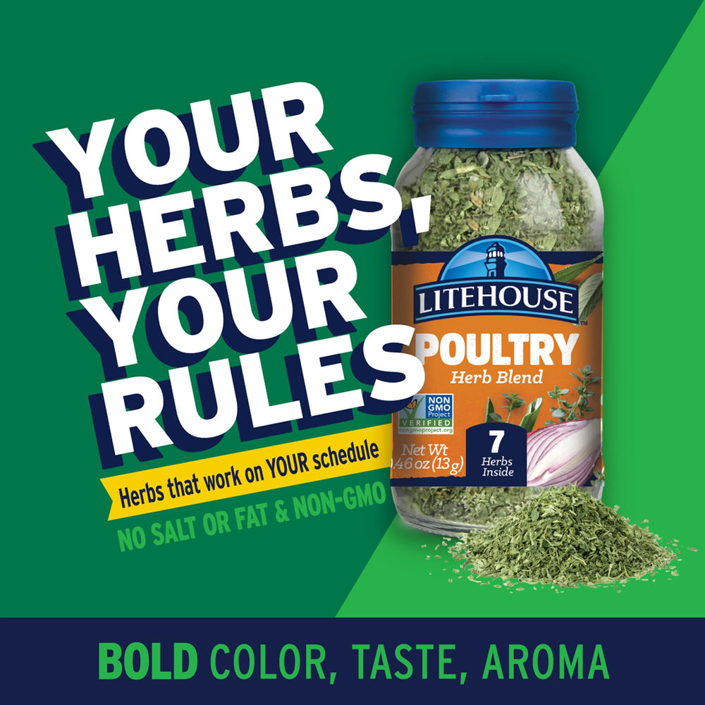Litehouse Poultry Herb Blend packaging close-up highlights organic, non-GMO ingredients.