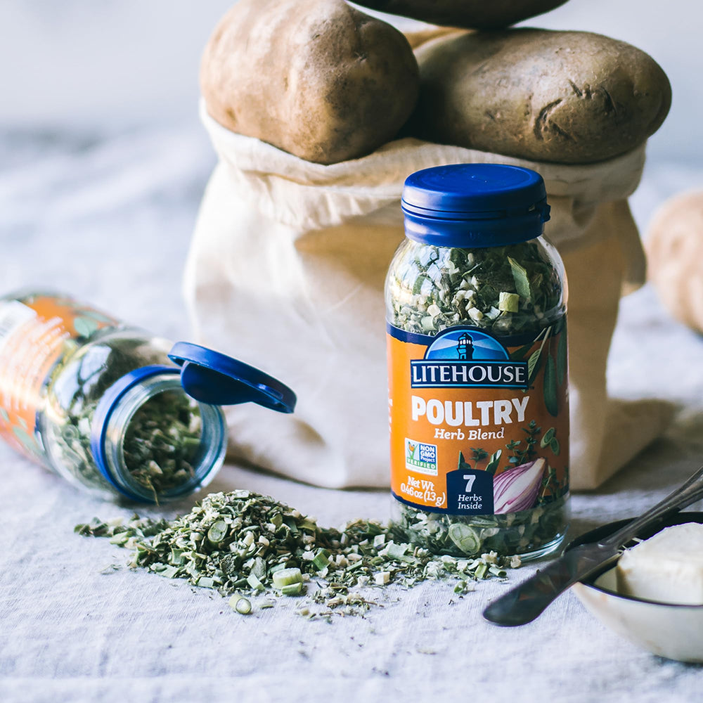 Litehouse bottle on stove demonstrates versatile seasoning for meals.