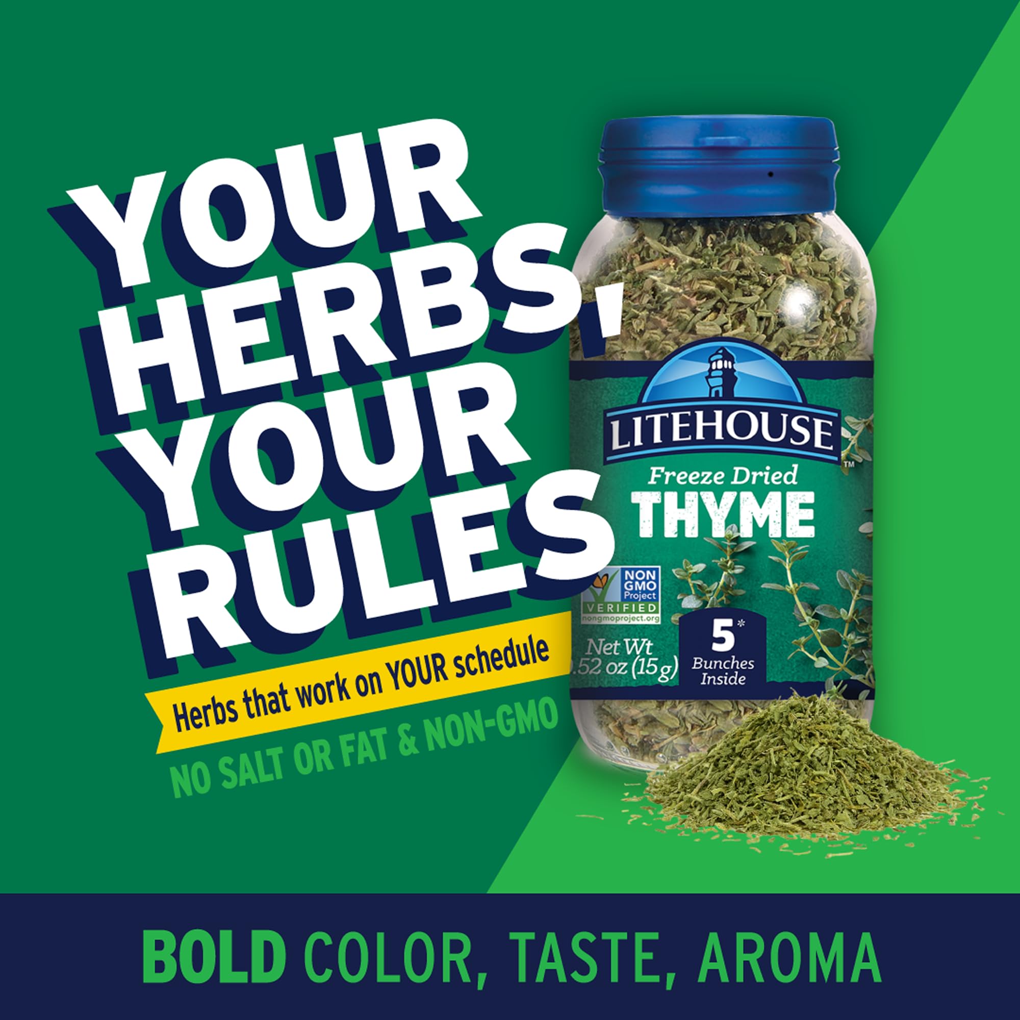 Litehouse Thyme dry herb image demonstrates quick substitution in recipes.