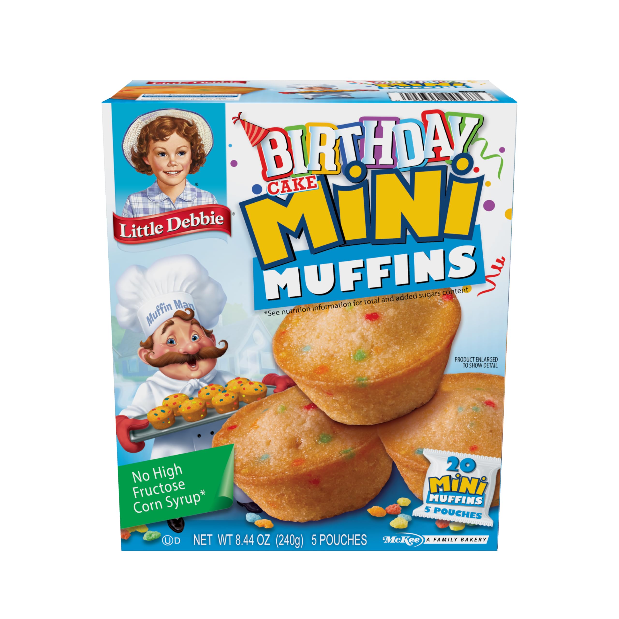 Little Debbie Birthday Cake Mini Muffins box, ideal for a quick afternoon treat with milk.