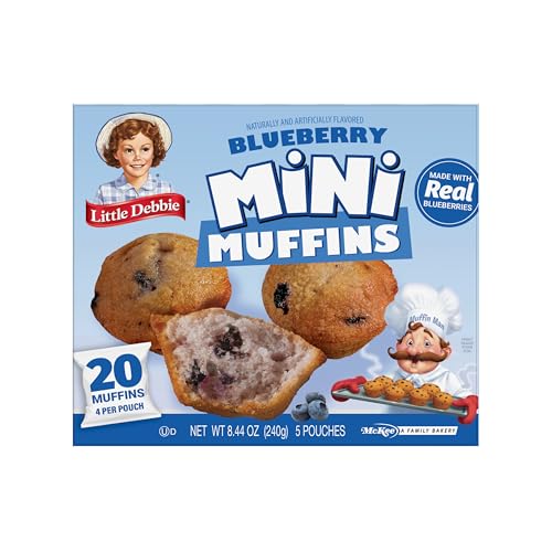 Little Debbie Blueberry Mini Muffins pouches arrangement, grab-and-go snack option.