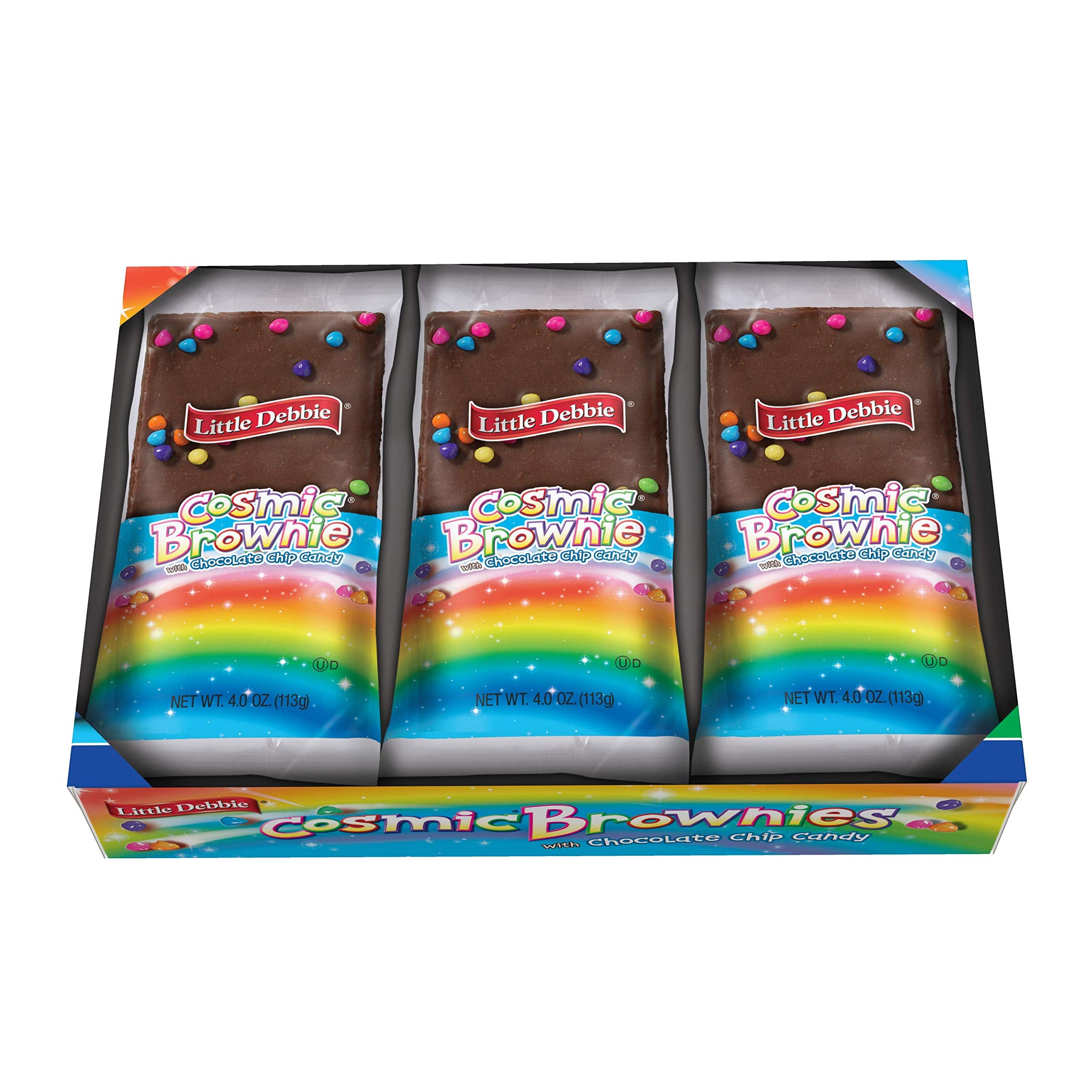 Close-up of fudge icing with rainbow chips on a Cosmic Brownie.