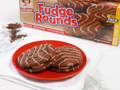 Close-up of Little Debbie Fudge Rounds cookie sandwich with fudge center