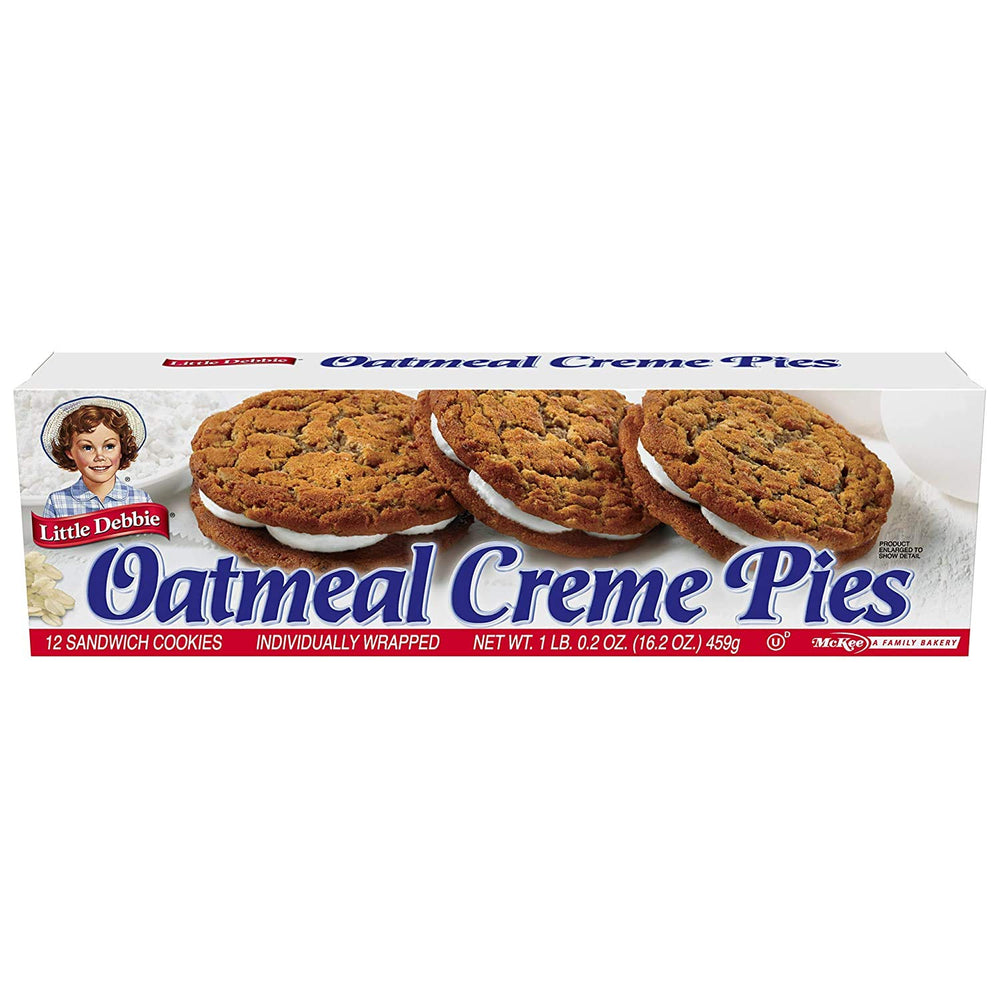Little Debbie Oatmeal Creme Pies box: soft cookies with creme filling.