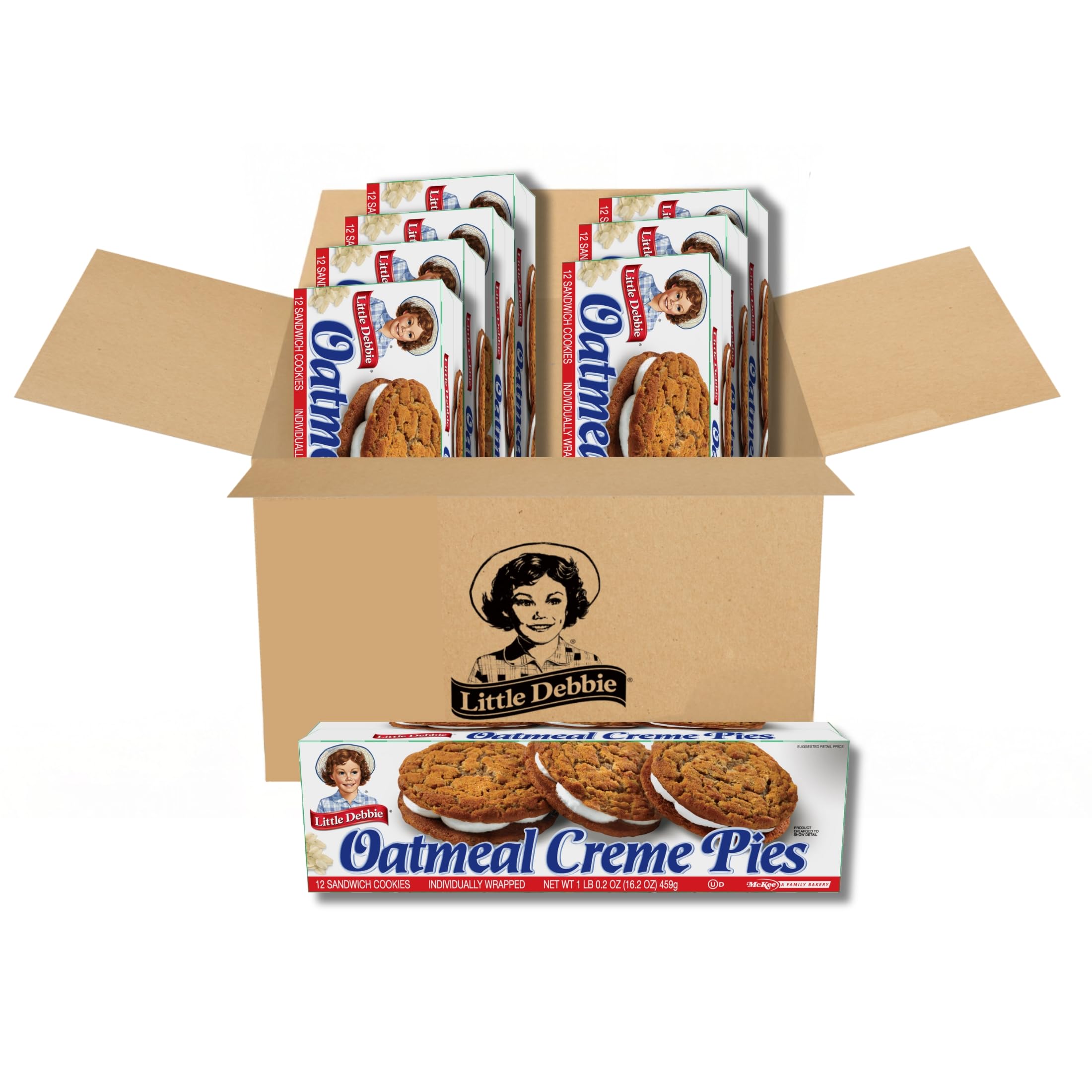 Little Debbie Oatmeal Creme Pies boxes for convenient family snacking.