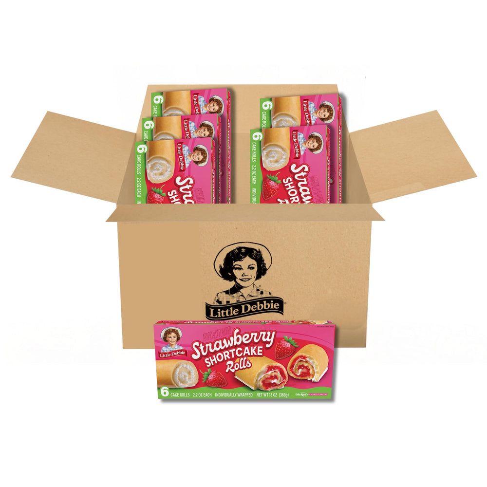 Little Debbie Strawberry Shortcake Rolls pack shot shows a convenient six-box display for sharing.
