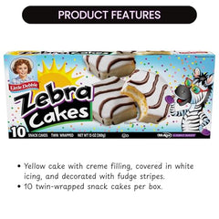 White icing with fudge stripes on Zebra Cakes for visual appeal.