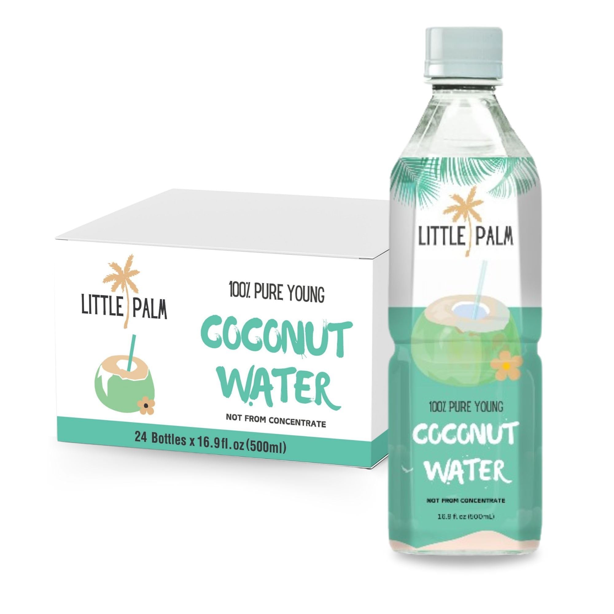 Little Palm coconut water bottle front shows brand and natural hydration.