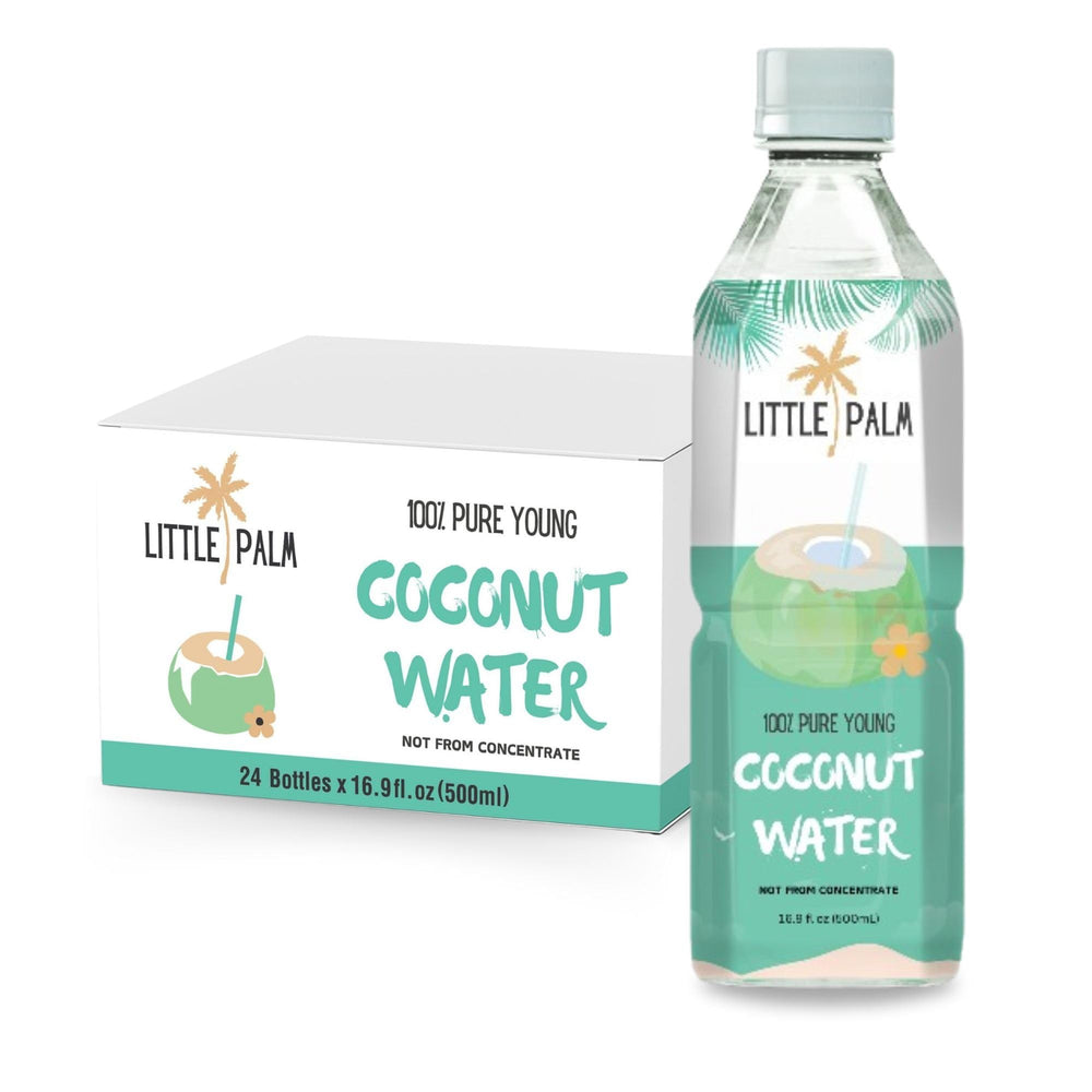 Little Palm coconut water bottle front shows brand and natural hydration.
