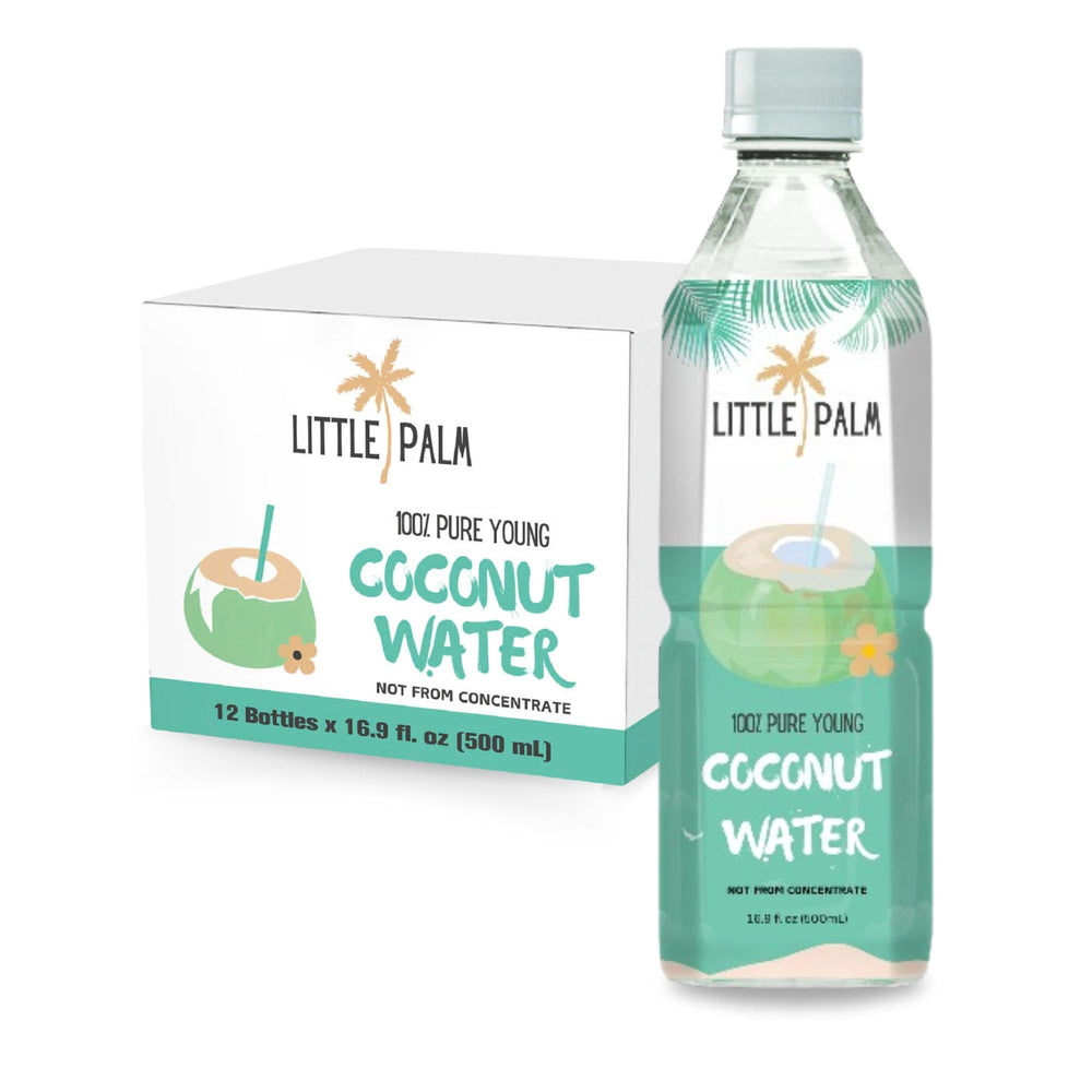 Little Palm pure coconut water bottle highlighting natural hydration.