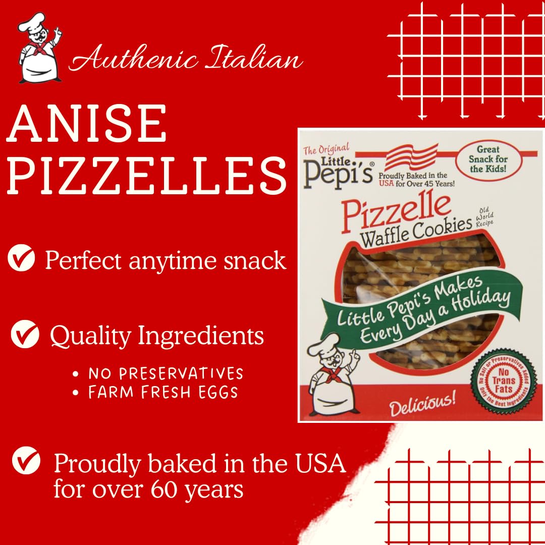 Little Pepi's pizzelles with golden edges on a plate.