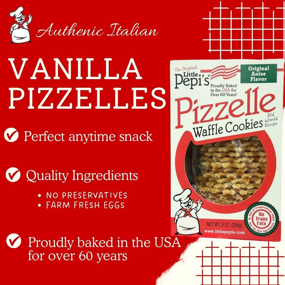 Abruzzo-inspired Italian treat: Little Pepi's Vanilla Pizzelles crafted in the USA.