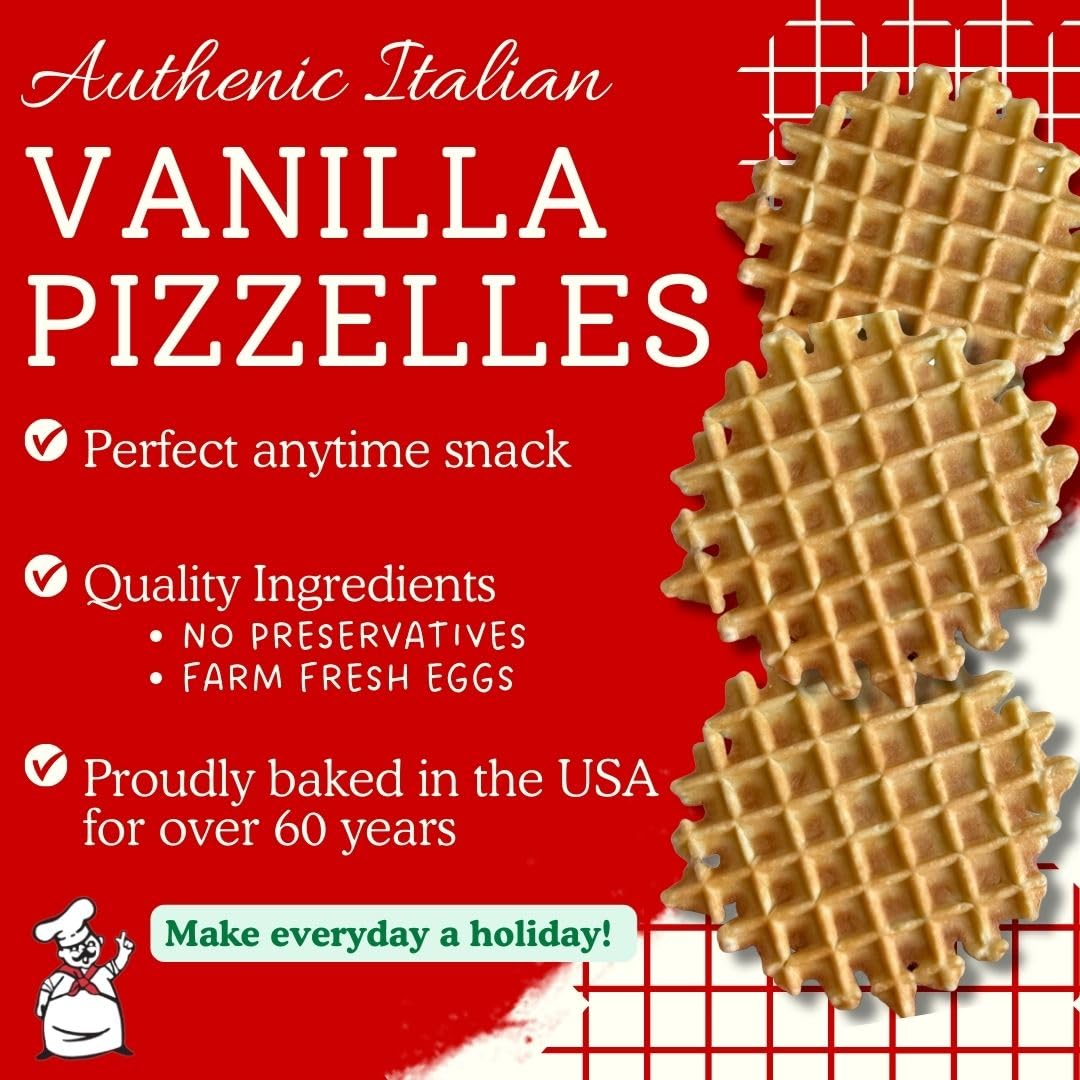 A stack of Little Pepi's Vanilla Pizzelles on a plate shows light texture.